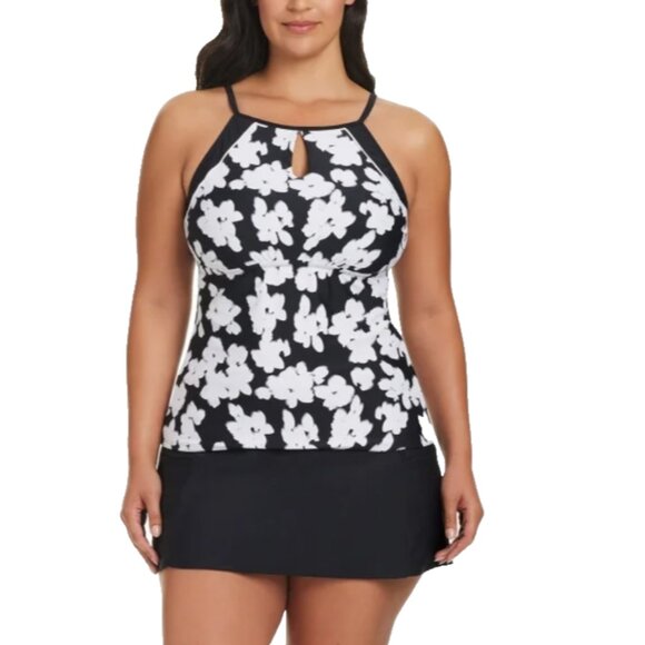 Women's Tankini Swimsuit XL Ellen Tracy Black Floral Swim Skirt Pocket - Picture 1 of 16